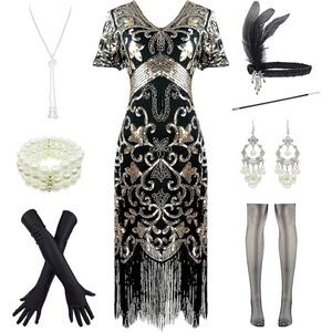 1920s Sequins Gatsby Cocktail Flapper  Dresses Small Black Silver